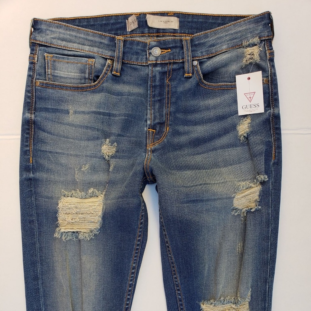 New Men's sz 32 GUESS Slim Tapered Destroyed Jeans - Picture 3 of 7